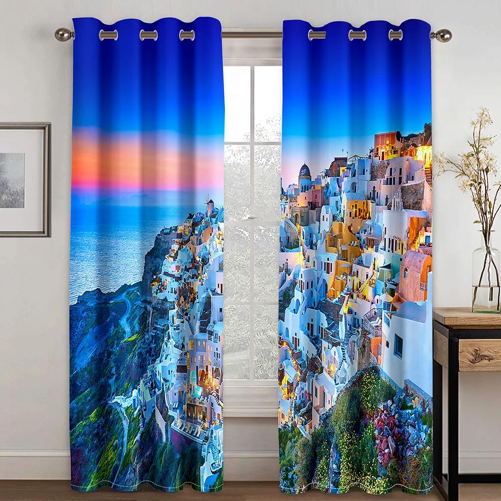Vacation Style High Shading Curtain Aegean Sea Santorini Island Beach Blackout Drapes ideal for Bedroom Space Living Room Hotel Window Opening