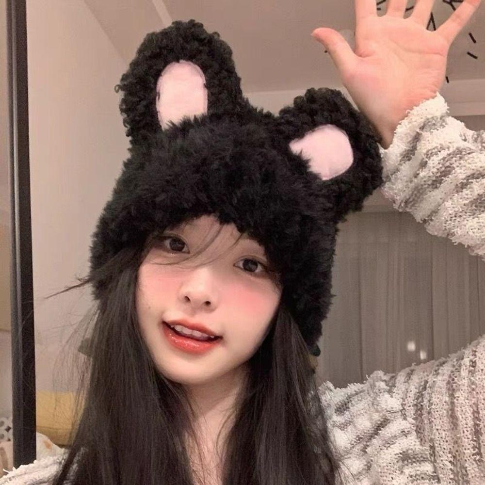 Elastic Rabbit Ear Beanies Solid Color Winter Outdoor Warm Cap Knitted Plush Hat Winter Season