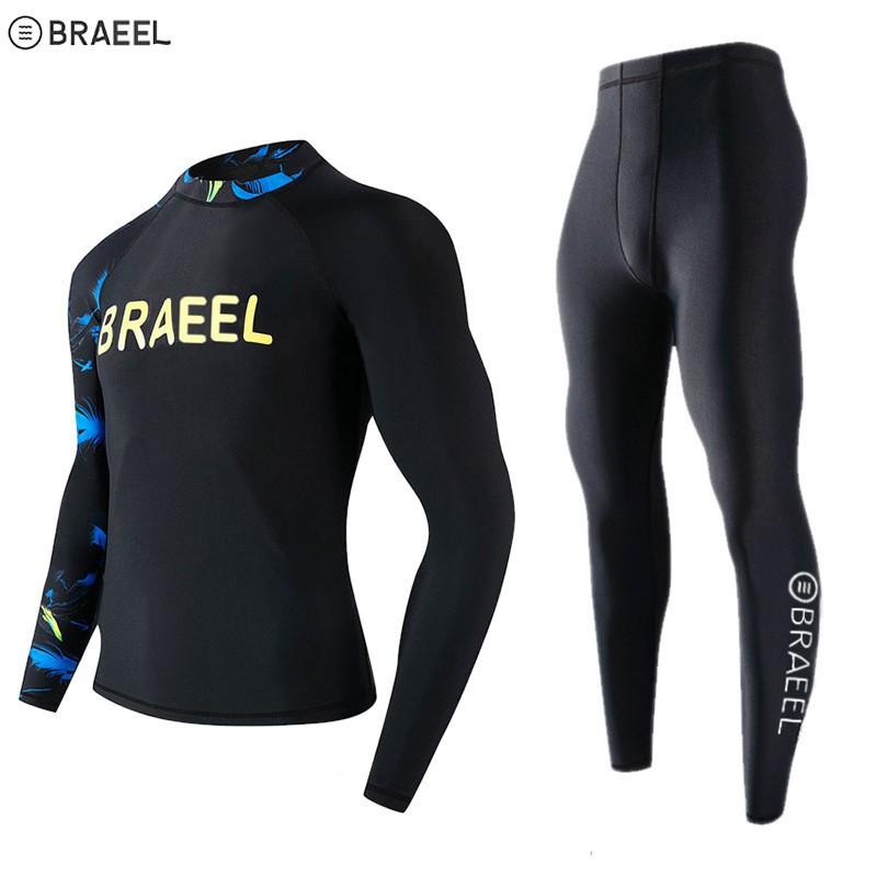 Mens UV Protection Rash Guard Set Long Sleeve Top Pants Quick Dry Surfing Diving Swimsuit Outdoor Water Sports