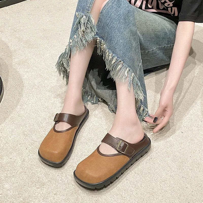 Fashion Women Mules Shoes Slippers Square Toe Flats Summer Designer Casual Outdoor Sandals 2024 New Cozy Flip  Shoes for Women Leisure