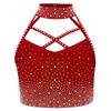 Girls Halter Crop Top Sleeveless Cross Front Backless Sparkling Rhinestones Dance Gymnastics Costume
