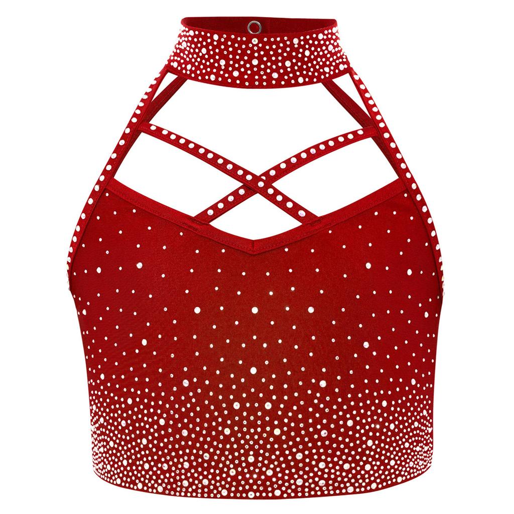 Girls Halter Crop Top Sleeveless Cross Front Backless Sparkling Rhinestones Dance Gymnastics Costume