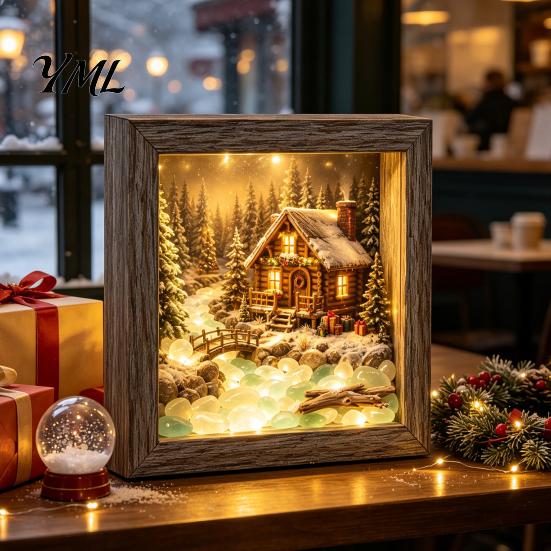 Miniature Landscape Art Christmas Sea Glass Shadow Box Night Light, 3D Winter Snow Scene Wooden Holiday Gift for Friends Frame with LED Warm