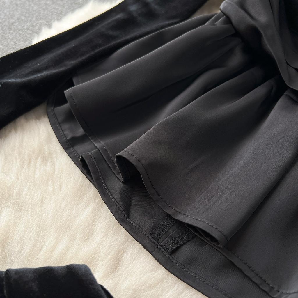 Осенние женские винтажные черные бархатные деловые наряды с длинными рукавами и оборками, топы, блузка и облегающая юбка-футляр, комплект из двух предметов для офисной работы