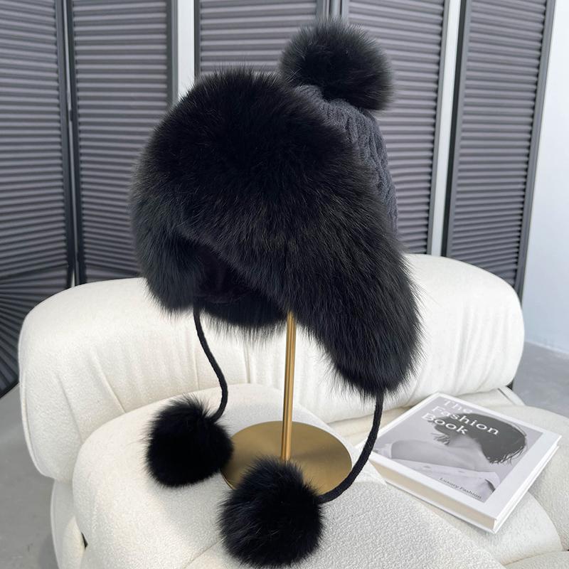 Winter Women Real Fox Fur Hat Fashion Casual Outdoor Warm Knitted Hats Girl Lovely 100% Natural Fox Fur Ear Cap Bomber Caps