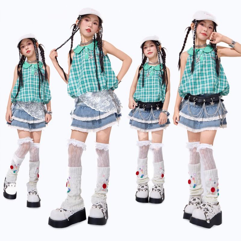 Girls Hip Hop Dance Outfit Set Short Sleeve Top Denim Mini Skirt Jazz Performance Street Style