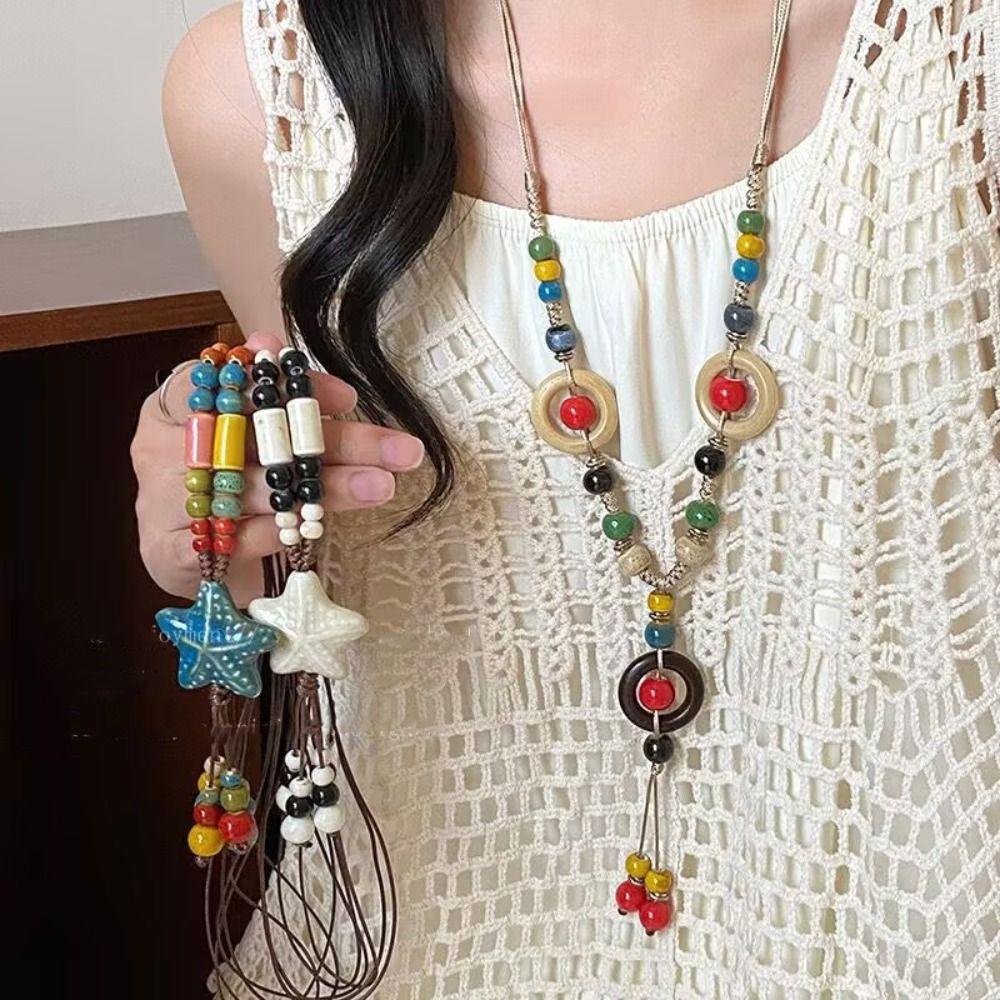 Tassel Ethnic Style Necklace Colorful Beads Bohemian Style Necklace Long Sweater Chain  Girls Gifts