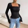 Топ женский 2024 Весенняя мода Открытые плечи пряжки ребристый повседневный простой длинный рукав облегающий повседневный топ одежда Y2K