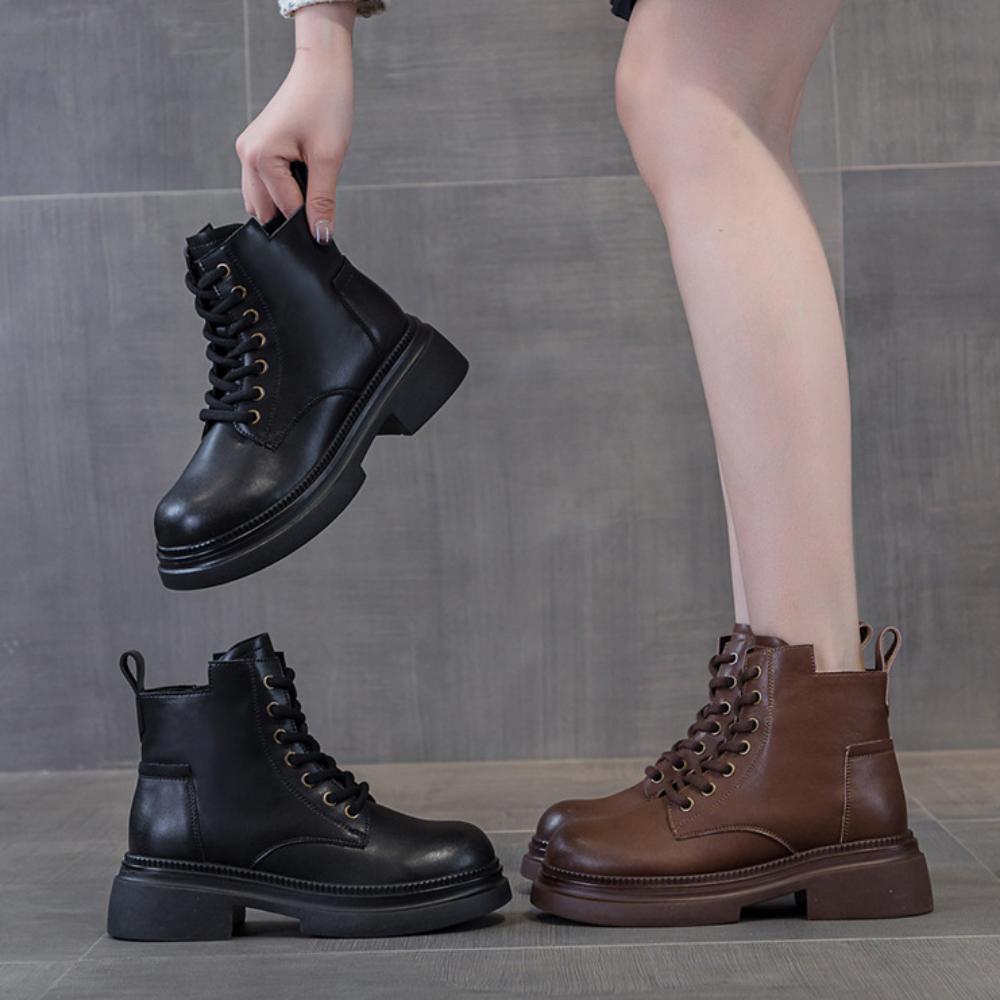 Кожаные женские короткие сапоги на платформе в ретро-британском стиле, увеличивающие внутреннюю высоту, универсальные женские сапоги