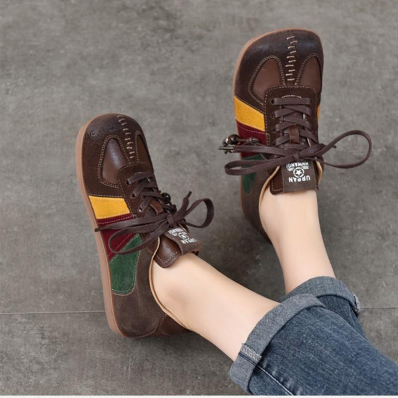 Johnature Женская обувь на плоской подошве со шнуровкой, из натуральной кожи, в стиле ретро, смешанных цветов, универсальная, на все сезоны