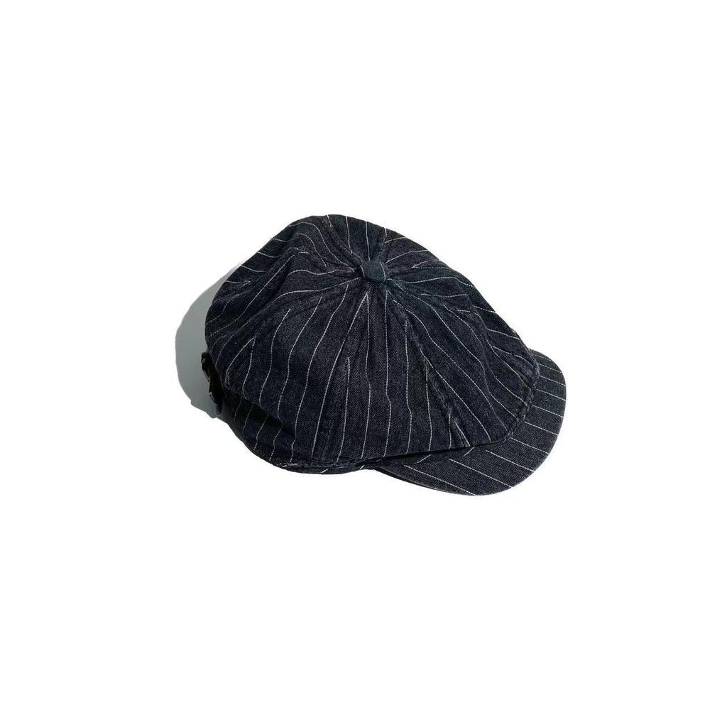 Denim octagonal hat, unisex, washed striped newsboy cap, British-style forward-capped baseball cap