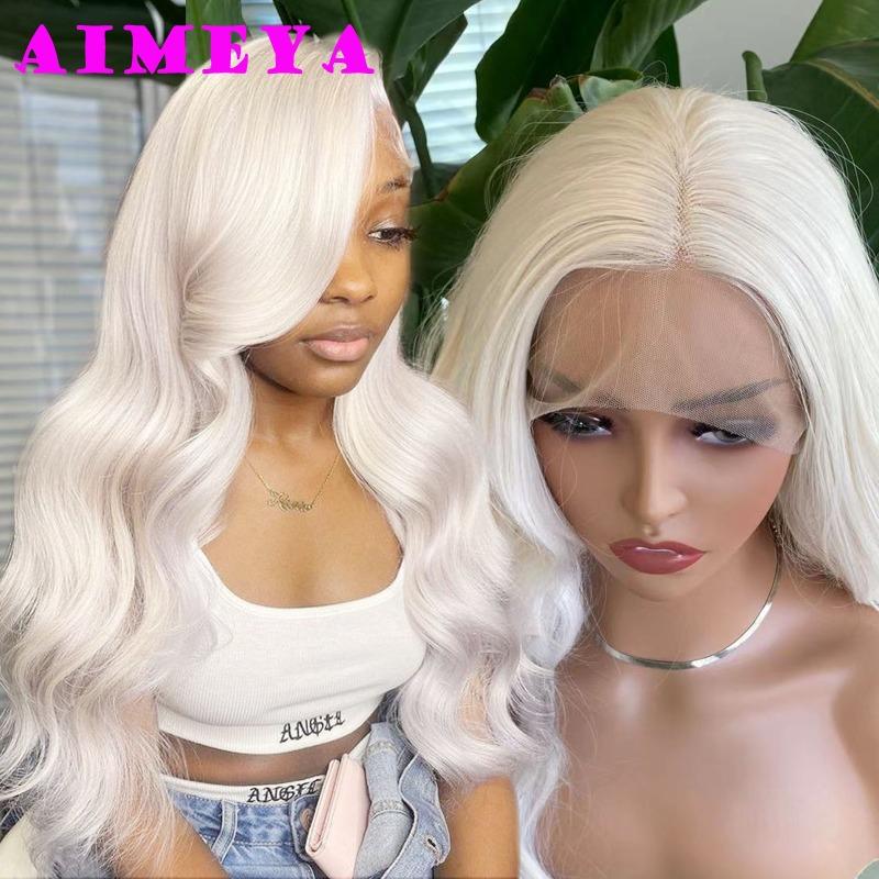 AIMEYA Platinum Blonde Synthetic Lace Front Wig Long Body Wave Natural Hairline Wigs Heat Resistant Fiber Hair Daily Use Csplay