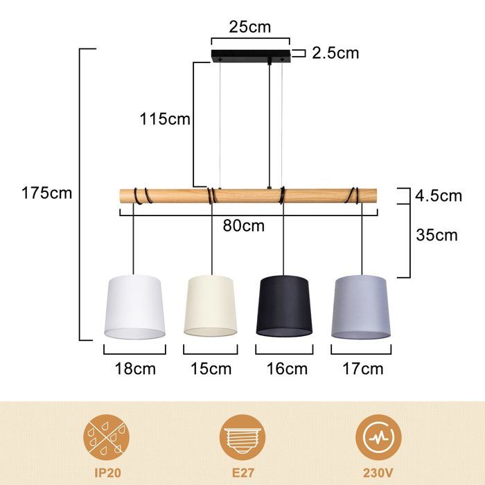Suspension salle à manger - NETTLIFE - 4 ampoules E27 - Blanc tissu rustique - Métal 80x15x175 cm