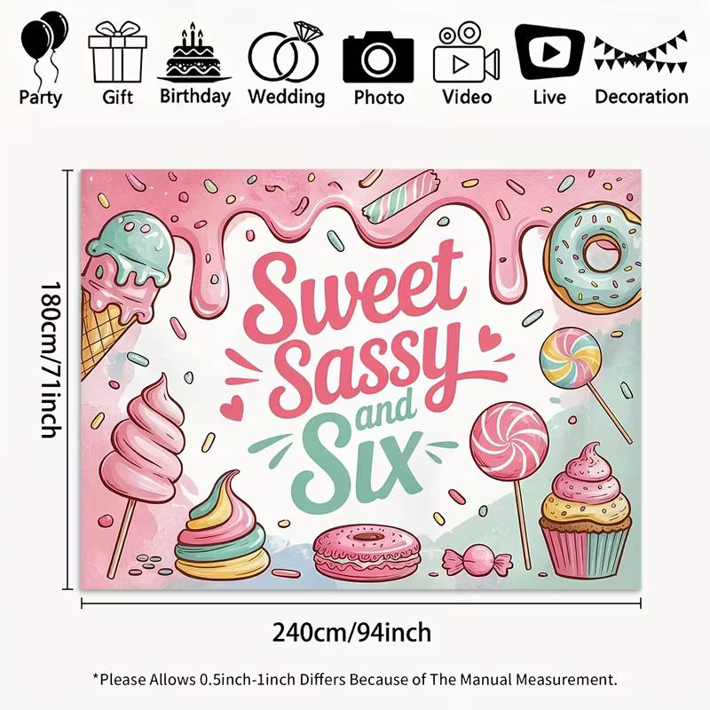 2D Pink Birthday Backdrop "Sweet Sassy and Six!" with Donuts, Cupcakes & Sprinkles Background