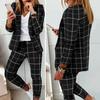 2 Pcs/Set Lady Formal Coat Pants Set Turn-down Collar Plaid Print Long Sleeves Jacket Slim Fit Elastic Waist Trousers Casual Daily Wear Commuting