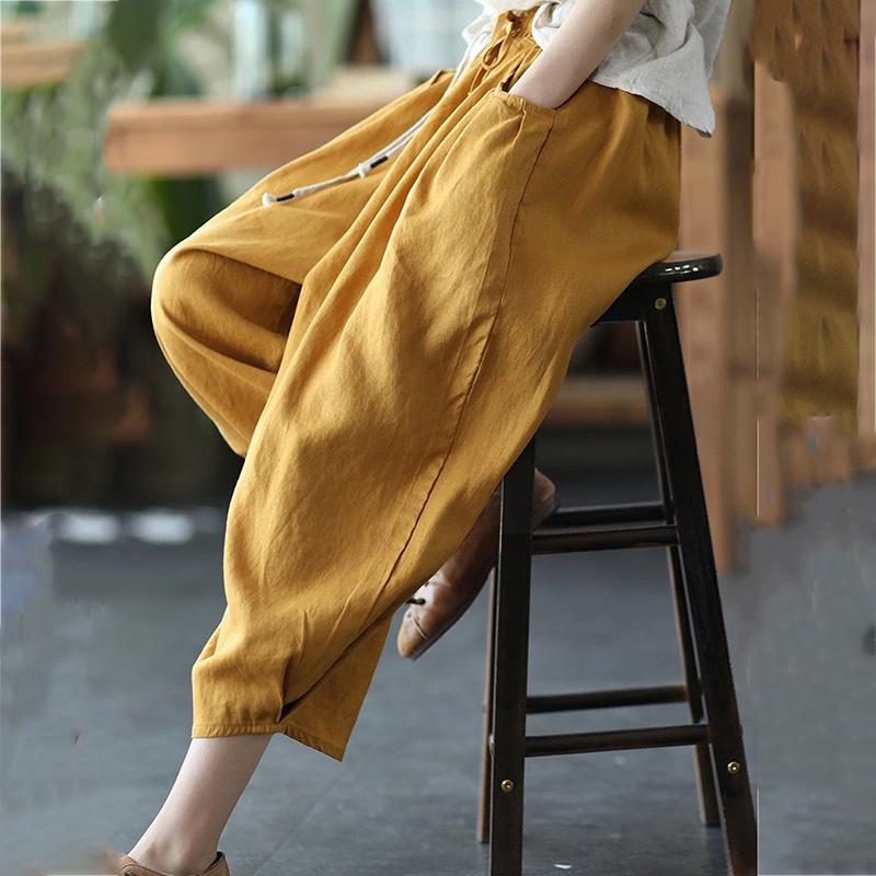 Брюки-фонарики M-XXXL, хлопковые льняные брюки, женские весенне-летние свободные брюки с эластичной резинкой на талии, однотонные повседневные брюки