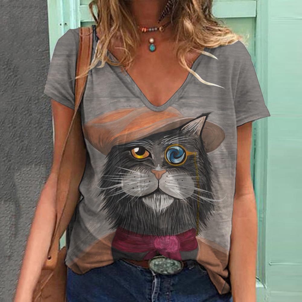 Модная женская футболка с рисунком кошки, короткий рукав, 3D-принт с изображением животных, футболка большого размера с V-образным вырезом, летняя женская одежда Y2k Harajuku