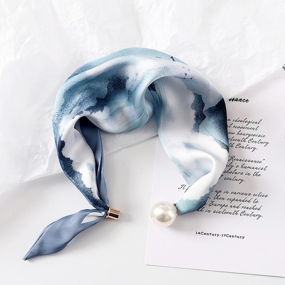 New Pearl Buckle Silk Scarf Printed Soft Neck Scarf Lightweight Thin Neckerchief Women