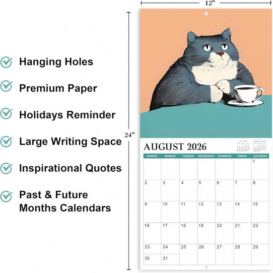 2026 Wall Calendar - 2026 Calendar, January - December 2026, 12" x 24" (Open), Cats Calendar 2026 with Hanging Hole for Home & Office