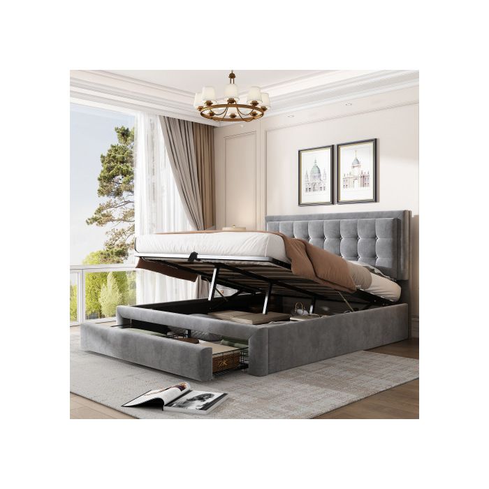 Lit capitonné - MUVOE - 140x190 cm - Tête de lit réglable - 2 tiroirs de rangement - Velours gris