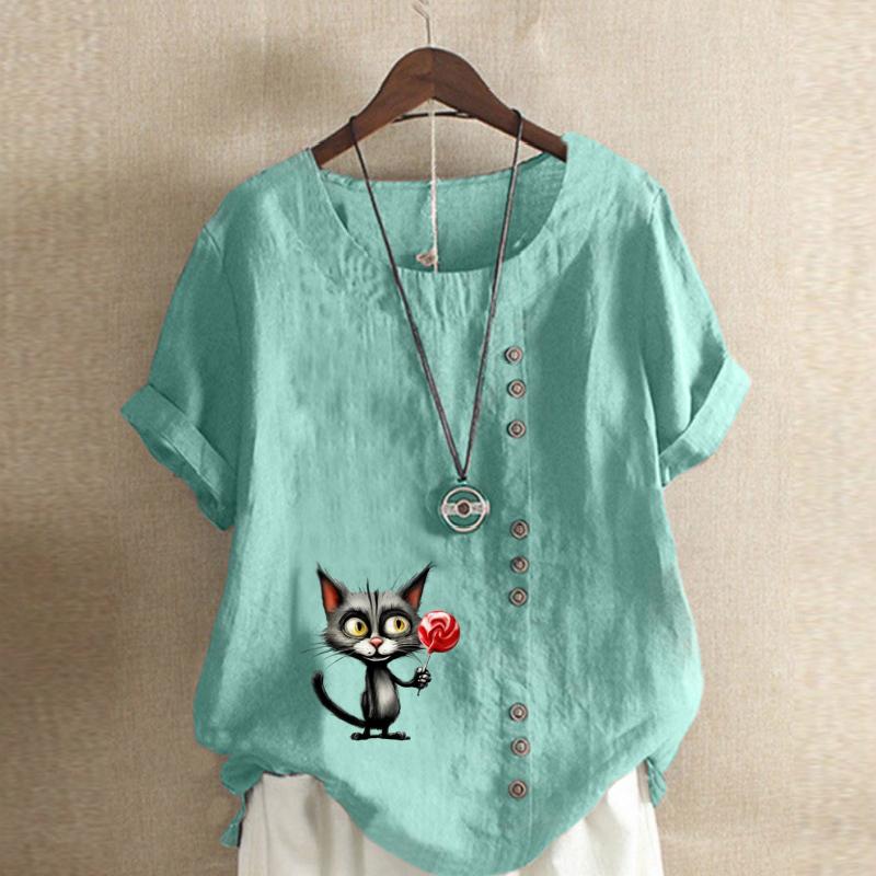 Women's Fashion Cute Cat Prined Short Sleeve T-shirt Loose Cotton Shirt Casual Loose Summer Blouse Tops Plus Size