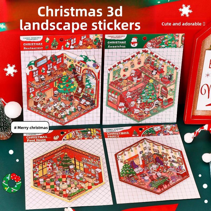 Милые наклейки с рождественскими сценами, Трехмерные миниатюрные наклейки для украшения сцен, Мультяшные материалы для рождественского планера, Подарки