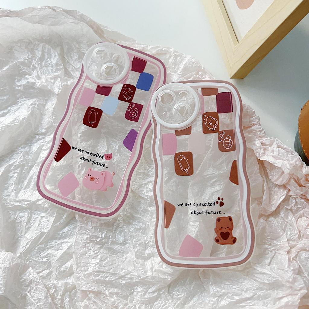 Transparent Wave Edge Painted Silicone Case for Xiaomi Redmi Note 10 11 12 iPhone 15 14 13 11 Samsung A54 A34 A24 Funda Cat Piggy Bear Cover Bumper