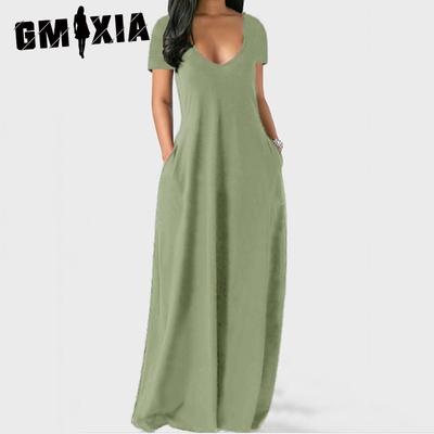 Летнее женское однотонное платье больших размеров с глубоким V-образным вырезом и коротким рукавом, длинные платья