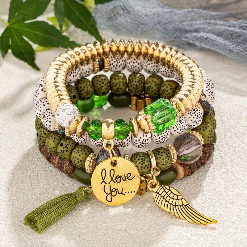 4 шт./компл. эластичные браслеты с кисточками в стиле бохо, эффектные браслеты из смолы с кристаллами и камнями ручной работы, браслеты с бусинами, модные вечерние ювелирные изделия