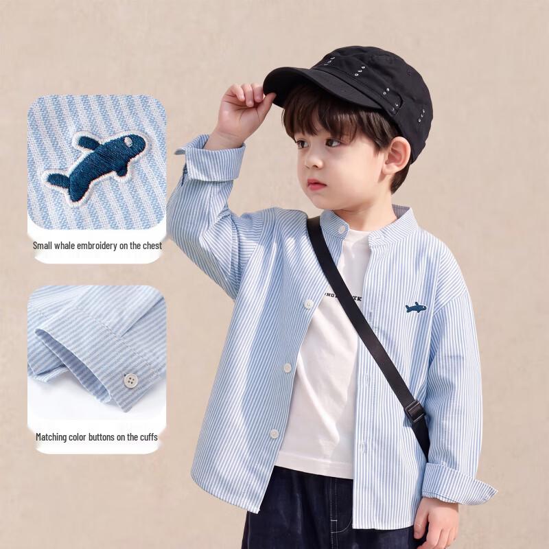 Kuwami Boys' Long-Sleeve Whale Embroidery Cotton Shirt