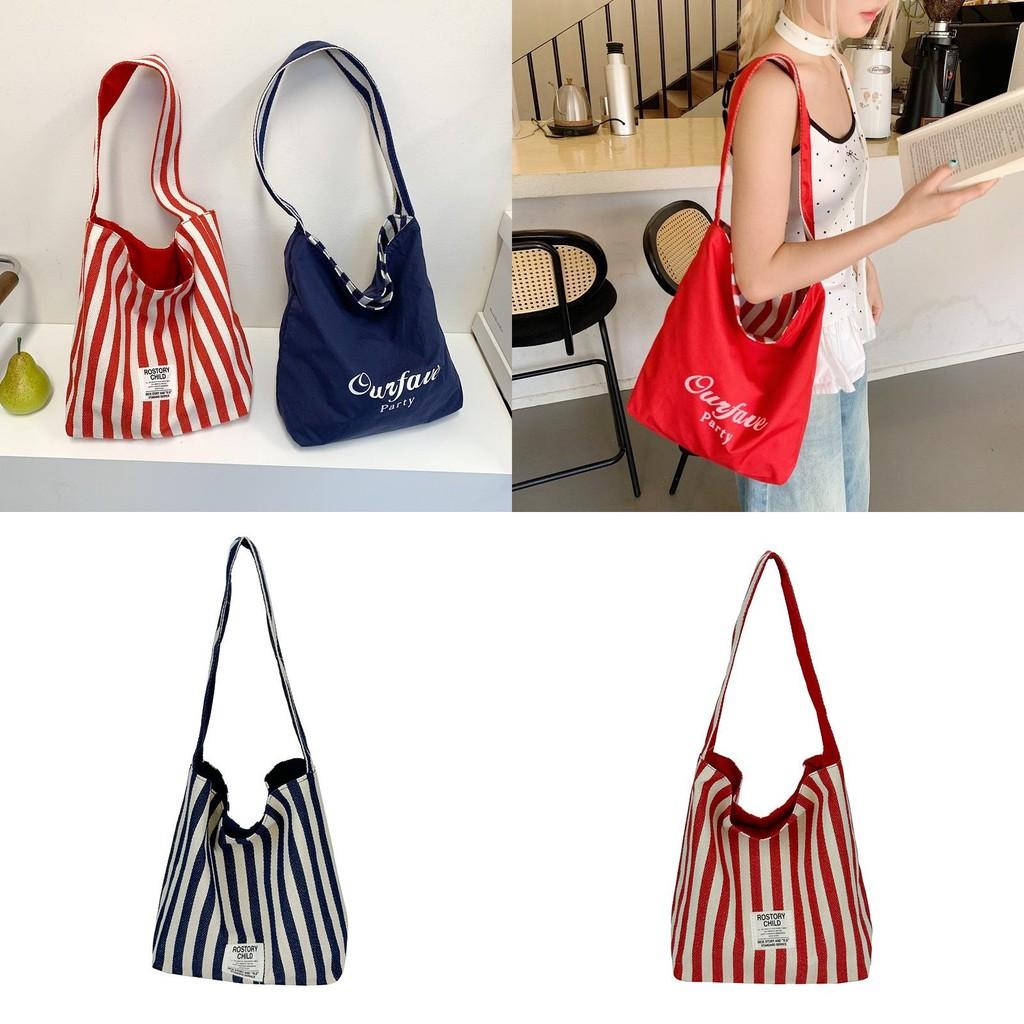 Canvas Tote Bag For Women With Stylish Stripes And Two Sided Design For Daily Use