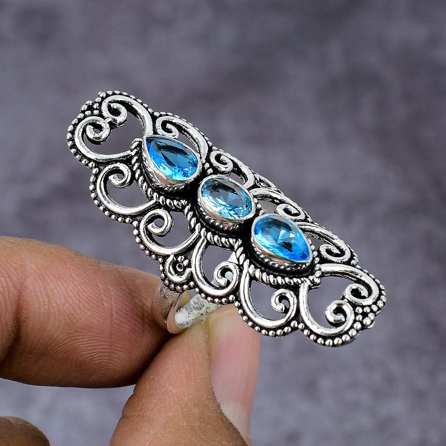Swiss Blue Topaz Gemstone Handmade 925 Sterling Silver Jewelry Ring Size 10 t0N23