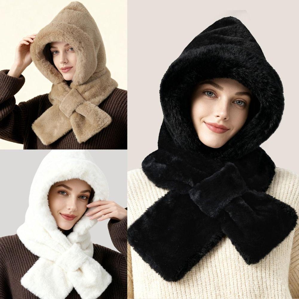 Fuzzy Hooded Scarf Soft Hat Scarf Gloves Set Cute Winter Hooded Scarf  Winter
