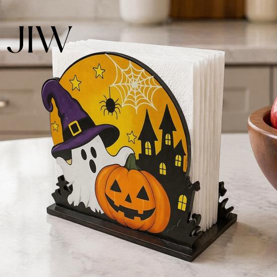 Unique Home Gifts Halloween Wooden Napkin Holder, Ghost Pumpkin Decorative Tabletop Tissue Dispenser, Square Organizer Paper Storage for Holiday