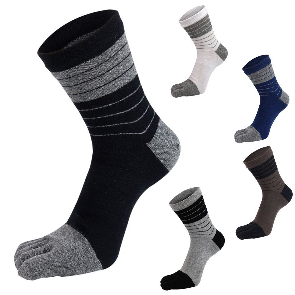 Cotton Breathable Simple Middle Tube Socks With Toes Stripe Hosiery Man Socks Five Finger Socks