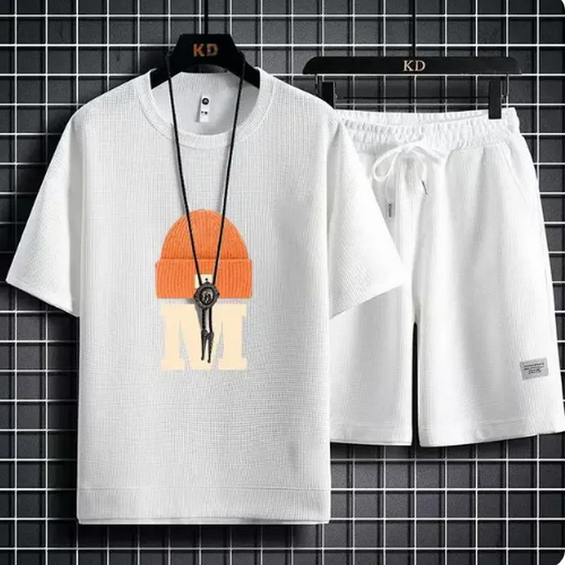 Молодежный модный спортивный костюм для пары, летний новый корейский стиль, вафельная футболка, шорты, комплект из двух предметов, мужской ретро-топ с круглым вырезом
