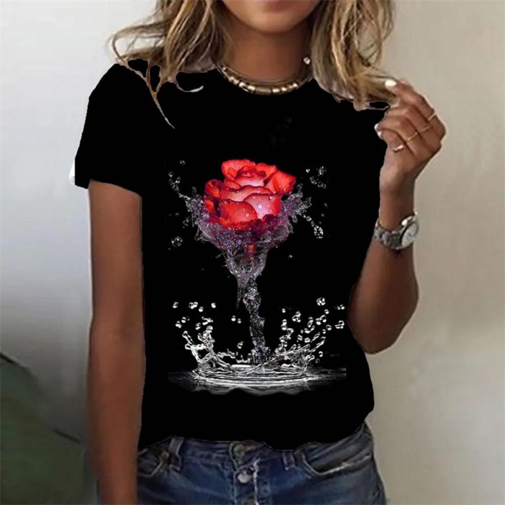2024 Novelty 3d Roses Print Y2k Clothes For Women Summer Fashion Short Sleeve T Shirt Oversized Female Tops Casual Girls Tees