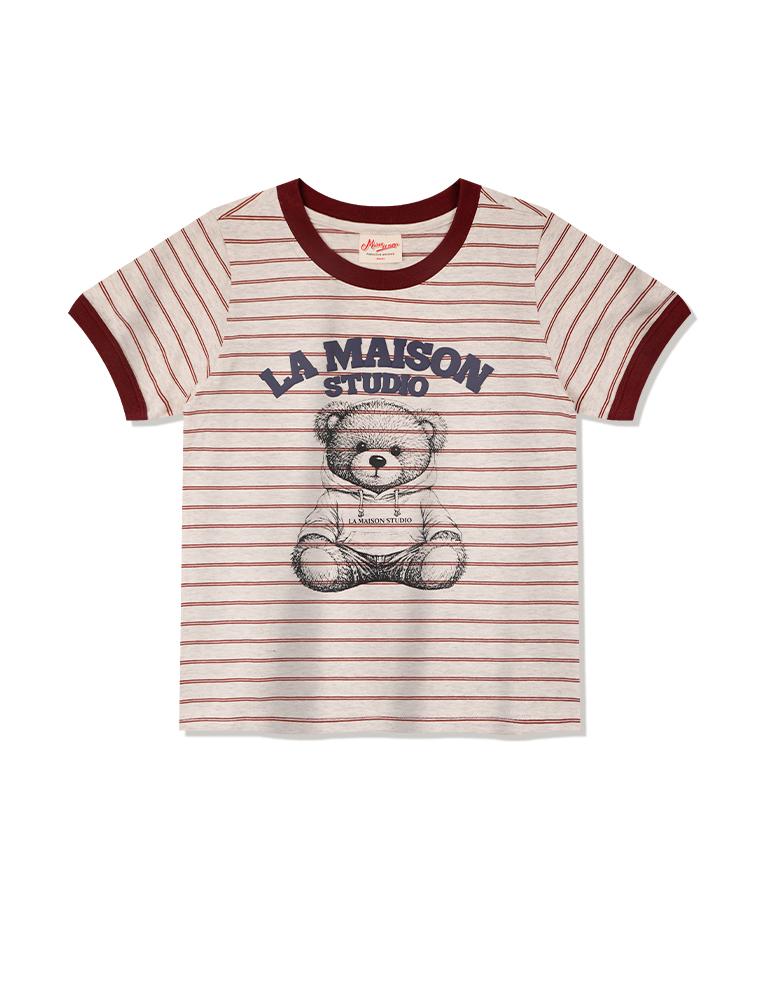 LA MAISON STUDIO Maison Bear Friends Полосатый Ringer Футболка с коротким рукавом Глубокий красный(Fcg2Ts763W)