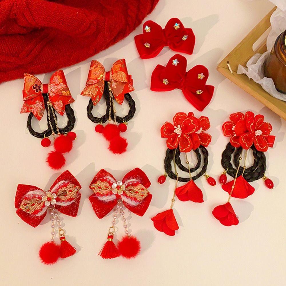 Парик Плюшевый Шар Заколка для Волос Лента Принцесса Цепочка на Лоб Милый Красный Бант Зажим для Волос Женщины