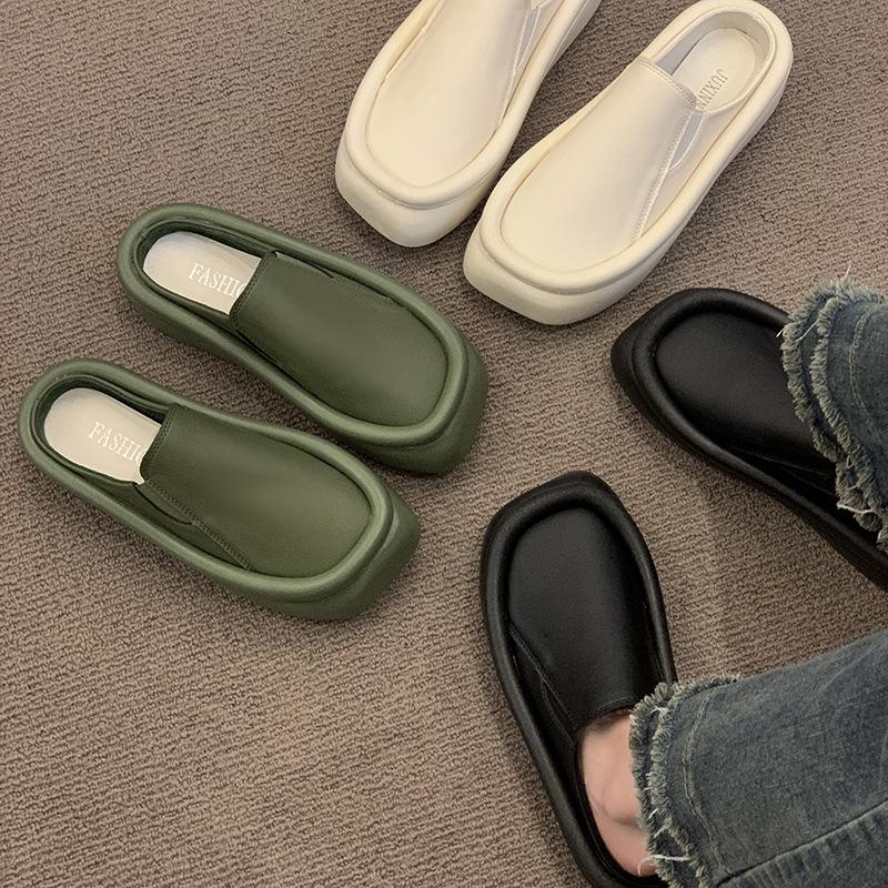 2024 лето новая корейская версия кекс толщина мешок голова однотонные повседневные полутапочки женская одежда хлеб ленивые крутые тапочки