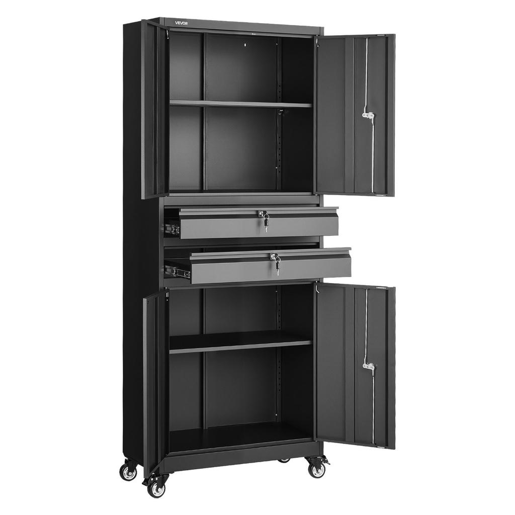 Metal Storage Cabinet with Wheels, 81.5 kg Shelf Load Capacity, 1905 mm Tall Rolling Garage Tool Storage Cabinet with 4 Locking Doors and Adjustable