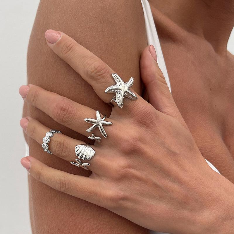 Starfish Shell Open Rings for Women Men Gold Color Irregular Textured Starfish Adjustable Rings Set Jewelry Gifts
