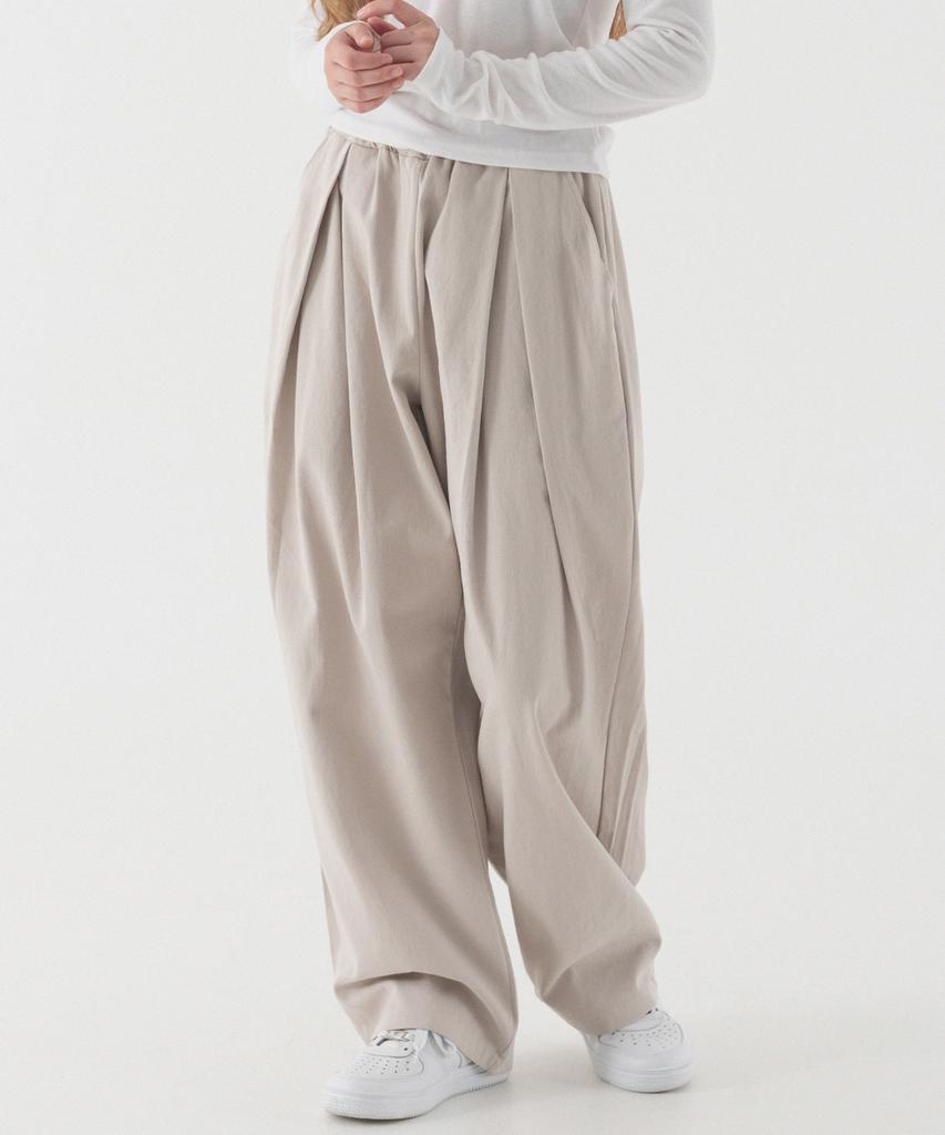 PIANER Pleated Wide Elastic Cotton Pants (Light Beige)
