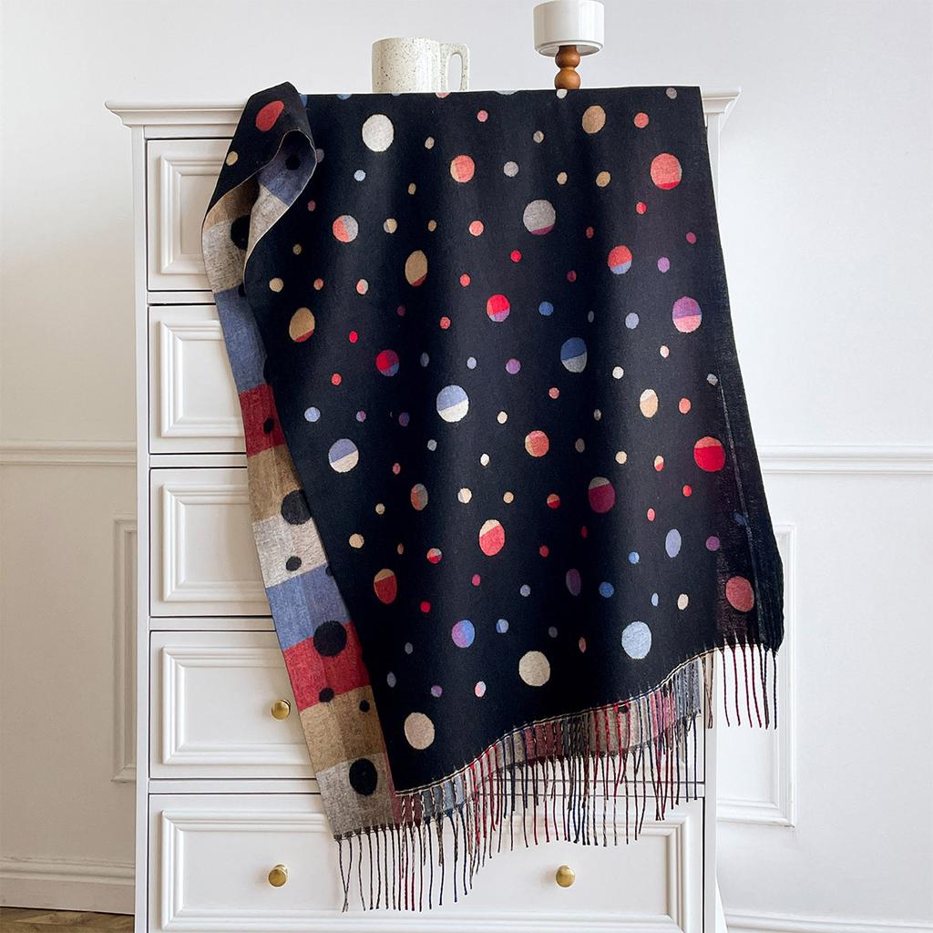 Women's vintage floral jacquard scarf—a large, faux-cashmere wrap featuring contrasting-color tassels, suitable for layering.