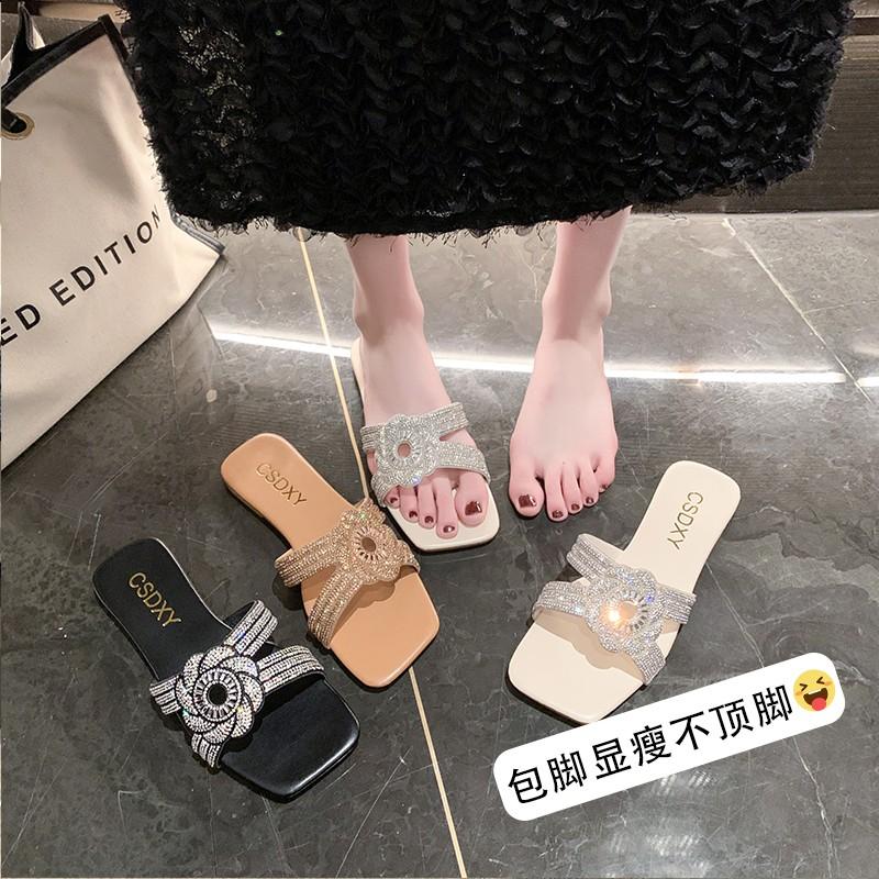 Женские роскошные тапочки со стразами и цветами, модные повседневные сандалии на плоской подошве, женские шлепанцы с квадратным носком, пляжные праздничные шлепанцы