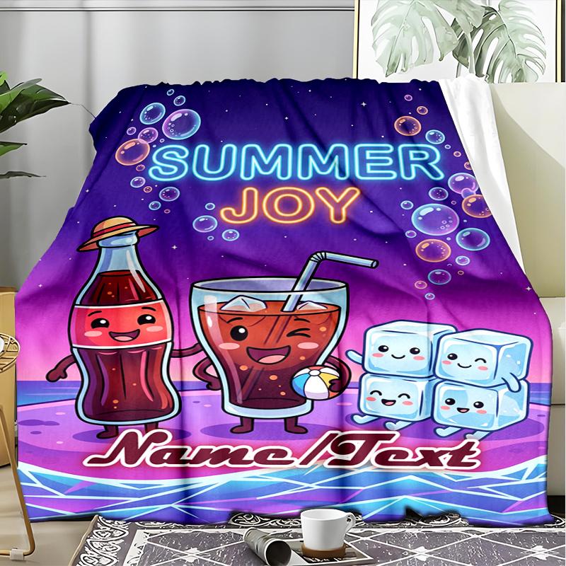 1PC Custom Name Summer Joy Drink outdooor Flannel blankets Throw Blanket All-Season Throw Gift Bedspread for Couch, Bed, Camping Holiday Birthda