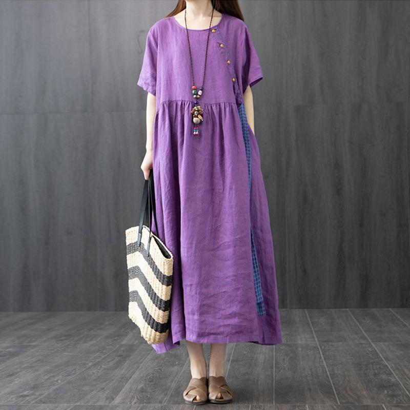 Summer Literature Plus Loose Fit Solid Color Cotton Linen Round Neck Short Sleeved Mid To Long Length Dress for Women Casual Dresses