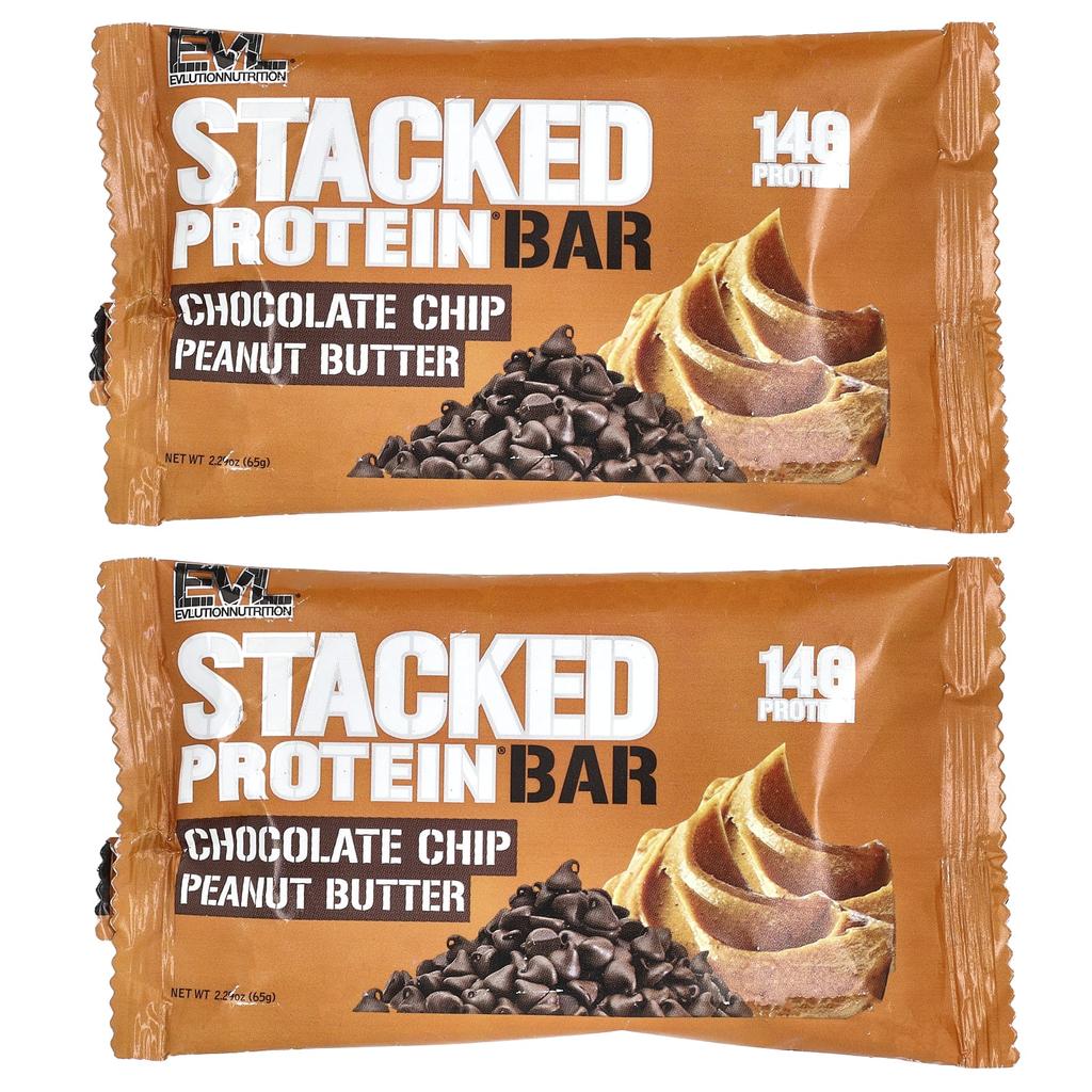 EVLution Nutrition Stacked Protein Bar, Chocolate Chip Peanut Butter, 2 Bars, 2.29 Oz (65 G) Each