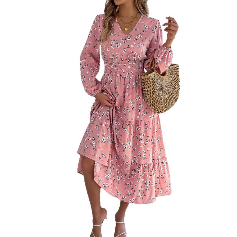 Модные женские платья Элегантные цветочные с V-образным вырезом и длинным рукавом Приталенные с оборками А-силуэта
