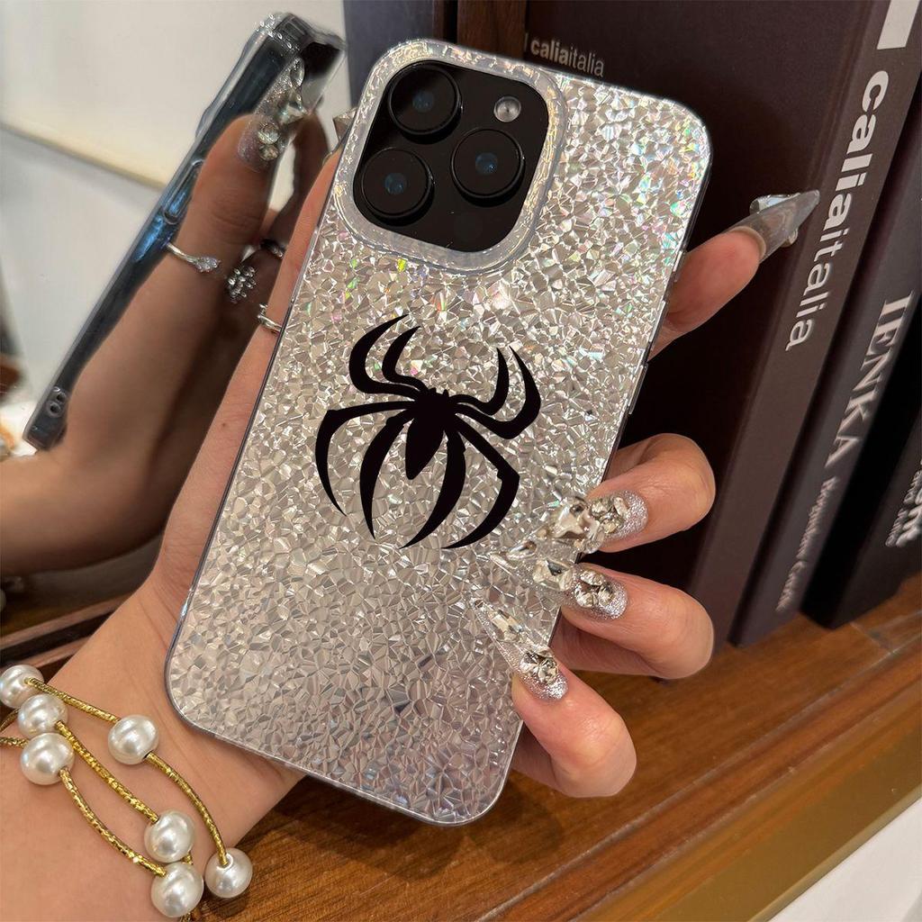 Black Spider Pattern Case for iphone 17 Pro Air 18 Pro Max 16 Plus XS Max 11 14 13 15 12 XR Silver Crushed Foil Cover